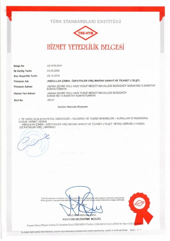 Hizmet Yeterlilik Belgesi